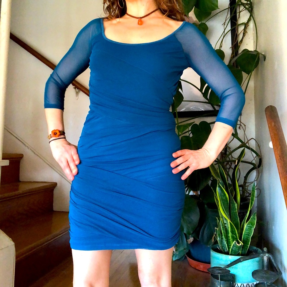 Bardot Ruched Mesh Bodycon Blue Mini Dress S - Picture 2 of 12